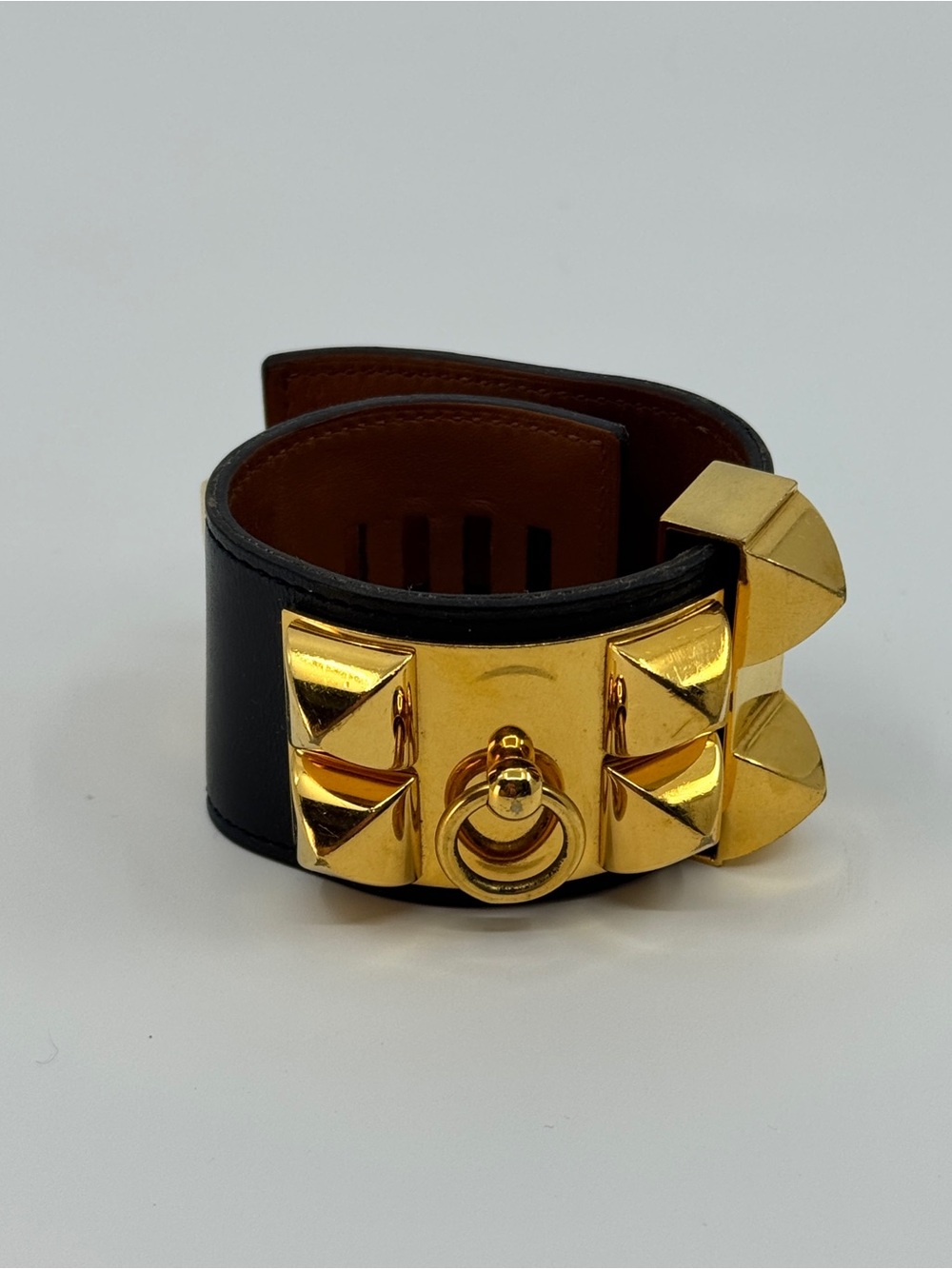 Hermès Collier de Chien Black Leather Cuff Bracelet with Gold Pyramid Studs